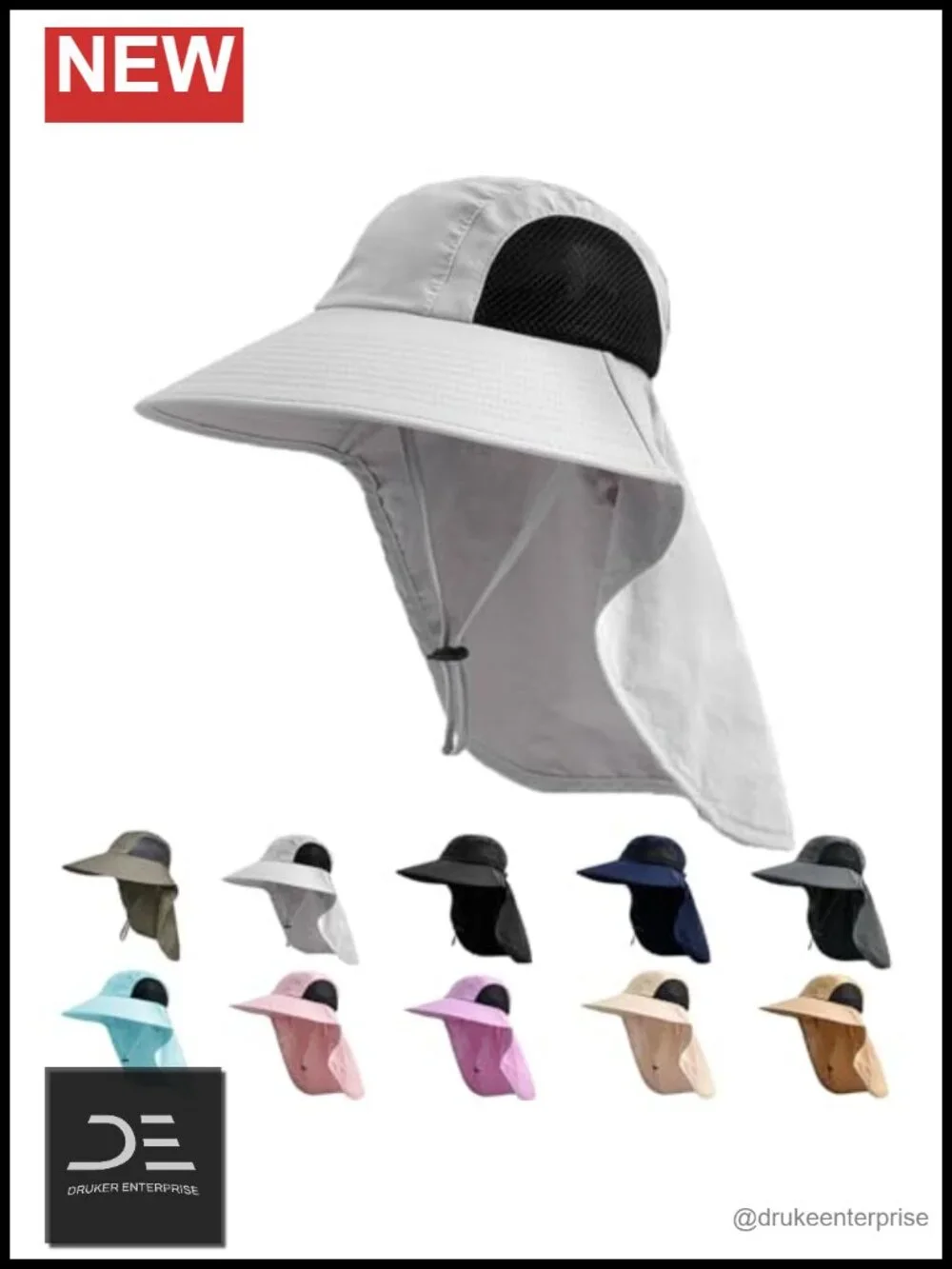 UPF 50+ Sun Hat with Neck Flap Wide Brim Adjustable Chin Strap Nylon